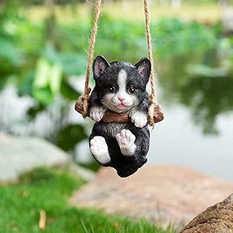 HYFAN Resin Cute Swing Small Cat Sculpture Outdoor Garden Home Office Room Hanging Decor Statue Figurine Pet Ornament Decoration with String (Black)