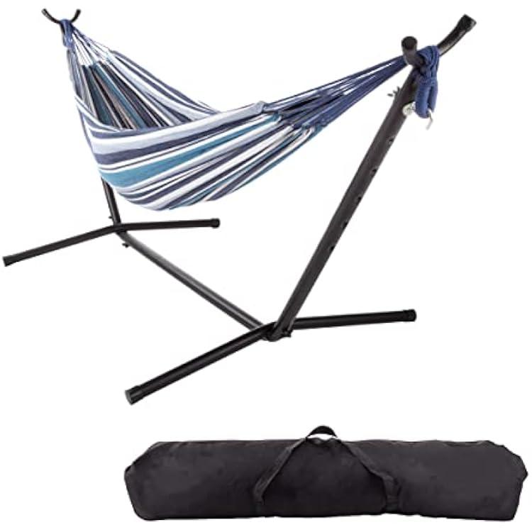 Fabric Hammock with Stand Included - Portable Hammock with Carry Bag and Powder-Coated Steel Frame for Travel or Backyard by Pure Garden Blue Stripe