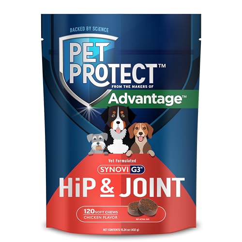 Pet Protect Dog Hip & Joint Supplement for Occasional Joint Stiffness, Vet-Formulated Synovi G3, Dog Glucosamine, Chicken-Flavored Soft Chews 120 Count