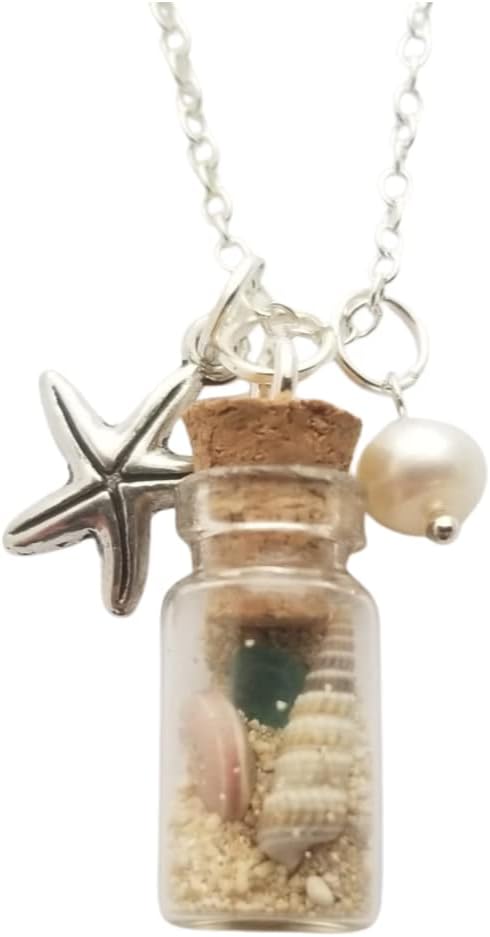 Handmade in Hawaii, Water Drop wish bottle with sea glass, seashell, starfish charm, (Bottle)