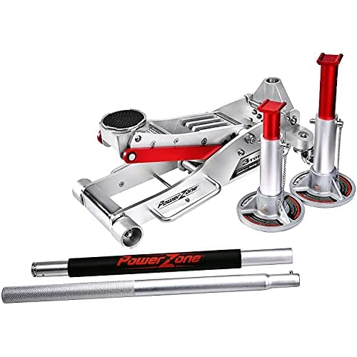 Power Zone 680065 Dual Pump Quick Lift 3 Ton Aluminum Hydraulic Racing Jack with 3 Ton Aluminum Jack Stands Combo Set,Silver,680065-A