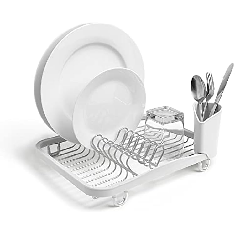 Umbra Sinkin Dish Drying Rack Drainer Caddy with Removable Cutlery Holder Use in Sink or On Counter, Standard, WhiteNickel