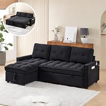 Wakefit Convertible Sectional Sofa, L-Shaped Pull-Out Sofa Bed with USB and Tape-C Charging Ports, 3 Seat Sectional Sofa with Hidden Storage and Arm Side Organizer | Chenille Fabric | Black