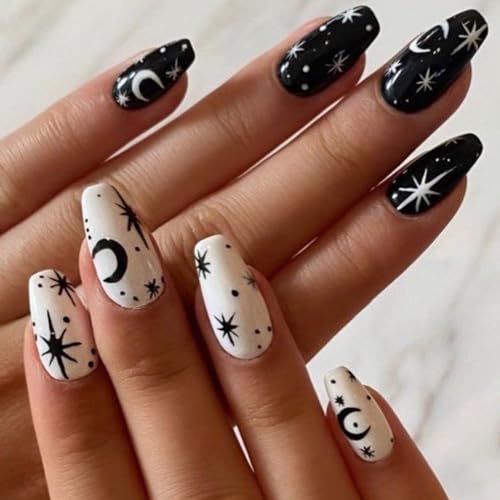 Black Press on Nails Medium Coffin GLAMERMAID, Goth Star Acrylic Fake Nails with Design Stick Glue on Nails for Women False Nail Sets, 48Pcs Adhesive Tabs Nail File, Cuticle Stick
