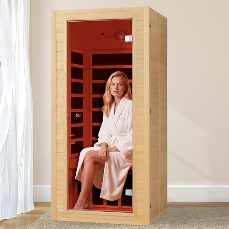 Real Relax Far Infrared Sauna for Home, 1 Person Indoor Home Sauna Low Emf, Canadian Hemlock Wooden Dry Saunas Room with Bluetooth Speakers, 9-Color Light Therapy, 1574w110v for Personal Spa