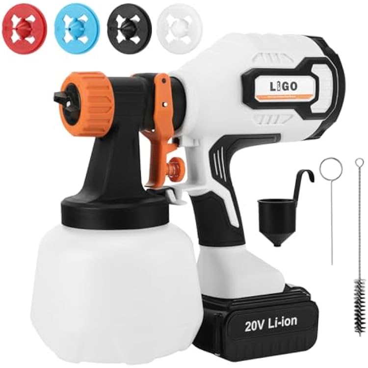 LIGO Cordless Paint Sprayer, 20V Battery Powered HVLP Spray Gun Kit with 4.0AH Battery, Cleaning & Blowing Joints, 4 Nozzles and 3 Patterns, Easy to Clean for Furniture Cabinets House Painting