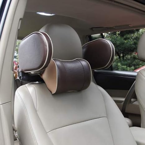 Car Seat Headrest Pillow, Support Neck Pillow Head Protection Cervical Spine Adjustable on Both Sides Telescopic Version PU Leather Universal for Kids Adults Travel(Brown)