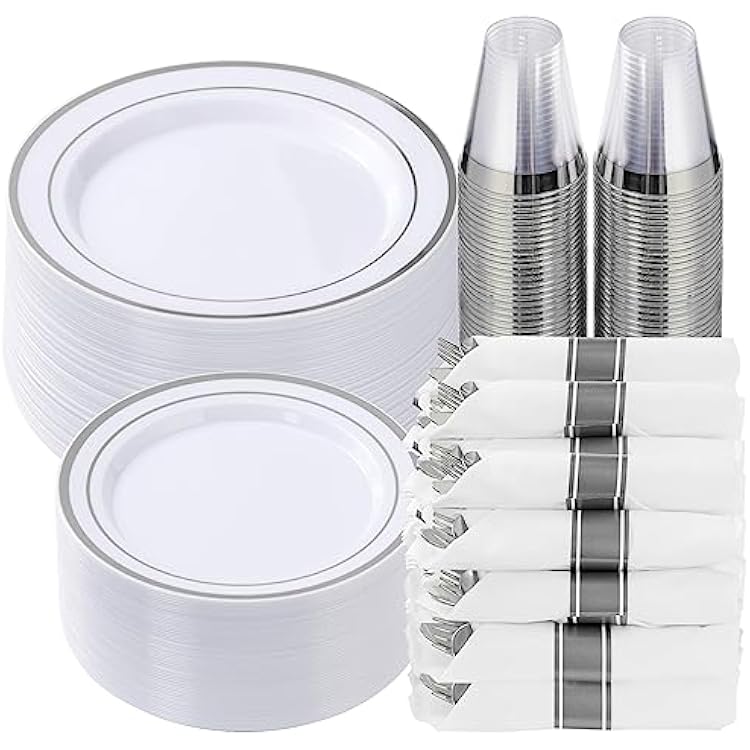 Goodluck 350 Piece Silver Plastic Dinnerware Set for 50 Guests, Fancy Disposable Plates for Party, Include: 50 Dinner Plates, 50 Dessert Plates, 50 Pre Rolled Napkins with Silver Silverware, 50 Cups