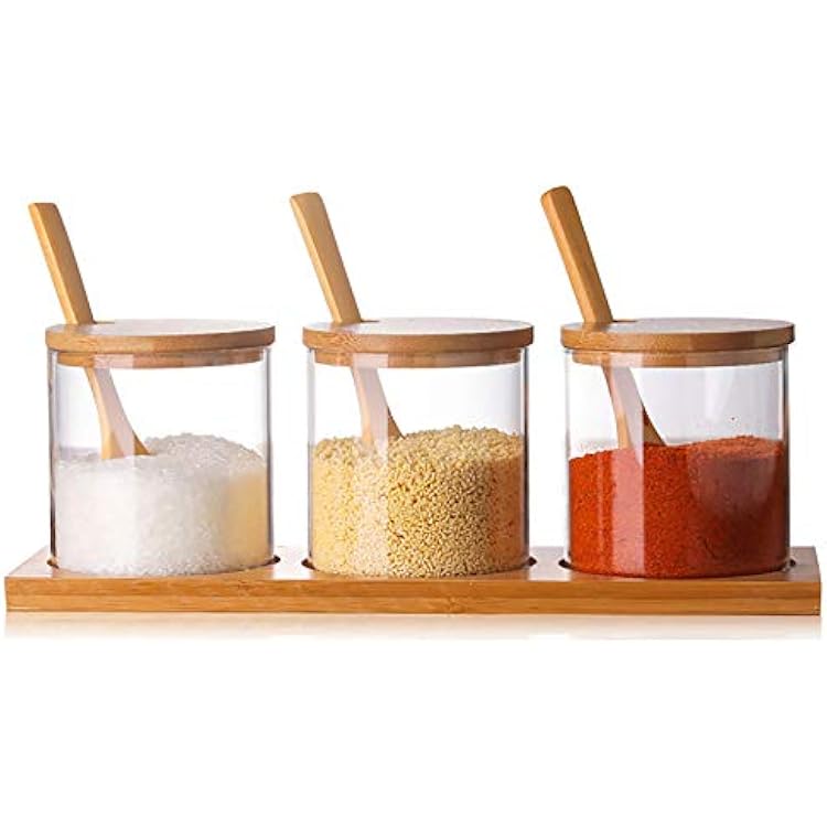 FANTESTICRYAN 3 PCS Stylish Simple Condiment Canisters Pots Set, Decorative Storage Seasoning Glass Container Box with Bamboo Spoon Lid and Base for Home Kitchen cafe Storing Salt Sugar Pepper Spice