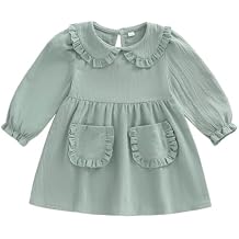 VISGOGO Toddler Baby Girl Dress Linen Long Sleeve Solid Color Girls 12 18M 2T 3T 4T 5T Dresses with Pocket for Spring Summer