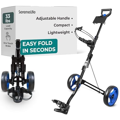 SereneLife Golf Push Pull Cart Lightweight, Foldable, Bag Holder with Adjustable Handle, Caddy Accessories, Compact Folding Golf Trolley for Travel