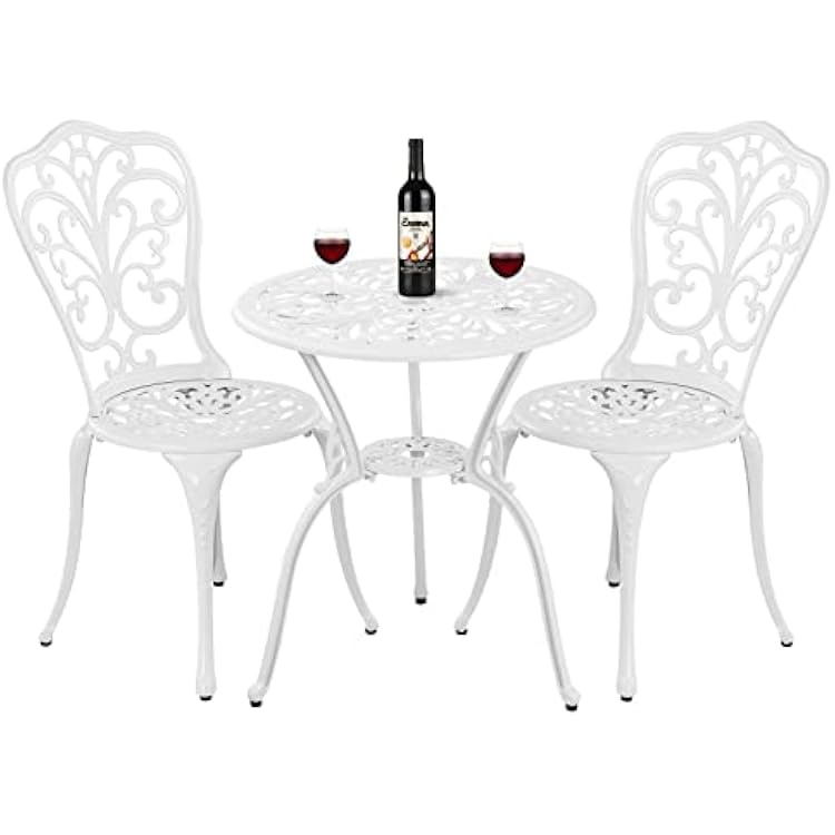 Bistro Set 3 Piece Outdoor Cast Aluminum Patio Bistro Set with Umbrella Hole, All Weather Bistro Table and Chairs Set, Small Patio Furniture Set for Garden, Porch,White