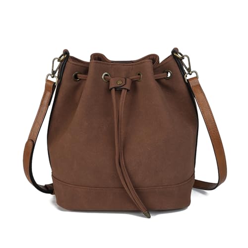 AFKOMST Leather Bucket Bags and Drawstring Crossbody Purse for Women Medium Tote and Hobo Handbags with 2 Shouder Straps