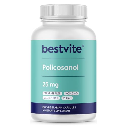 BESTVITE Policosanol 25mg 180 Vegetarian Capsules - No Stearates - No Flow Agents - Vegan - Non GMO - Gluten Free