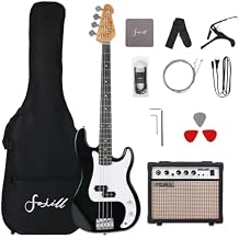 Fojill Full Size 4 Four String Electric Bass Guitar 20W Amplifier Amp Right Hand Beginner Starter Kit Set Combo Bundle Accessory Gig Bag,Strap,Picks,Capo,Noiselss Cable,Strings (Black)