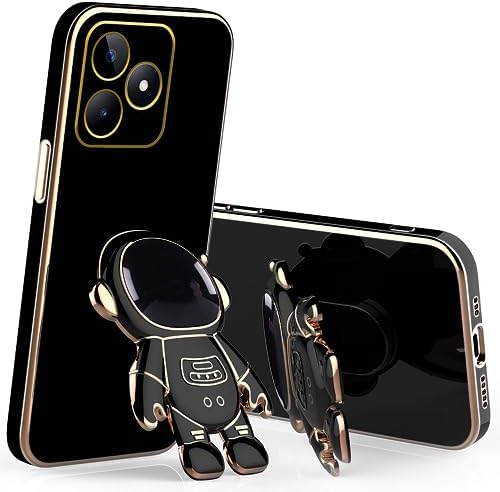 Compatible with Realme C53 Case with Plating Creative Astronaut Cartoon Holder Pink, for Realme C53 Phone Case Silicone Shockproof Stand Soft TPU Protective Slim Cover Black