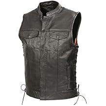 Mens SOA Leathe Club Style Vest W/Concealed Gun Pockets, Side Lace, Premium Buffalo Leather Biker Vest, Patches Friendly (Black, 2X)