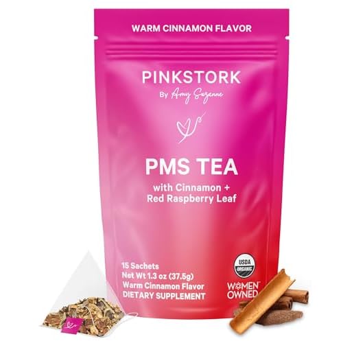 Pink Stork Organic PMS Tea for Hormone Balance, Mood Swings, Bloating, and Period Regularity - 8 Herbs - Vitex, Red Raspberry Leaf, Chamomile - Caffeine-Free - 15 Sachets, Hot or Iced