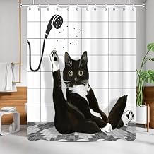 Funny Cat Shower Curtain Set Black White Cute Kitten Taking Shower Design Shower Curtain for Bathroom Kids Polyester Waterproof Bathroom Decoration with 12 Hooks, 72x72in