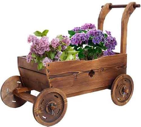 Wood Wagon Planter for Outdoor Balcony Decor - Garden Rustic Wooden Flower Cart with Wheels for Outside - Garden Decor - Wheelbarrow Planter for Patio, Garden, Balcony, Brown
