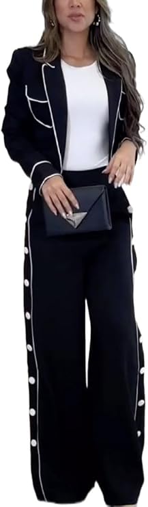 UOOZEE Women's Fall Two Pieces Outfits Blazer Jacket and Straight Leg Pants Pockets Business Casual Suit Sets