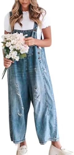 Hotmiss Women's Adjustable Straps Denim Bib Overalls Distressed Ripped Wide Leg Jeans Long Pants Jumpsuits