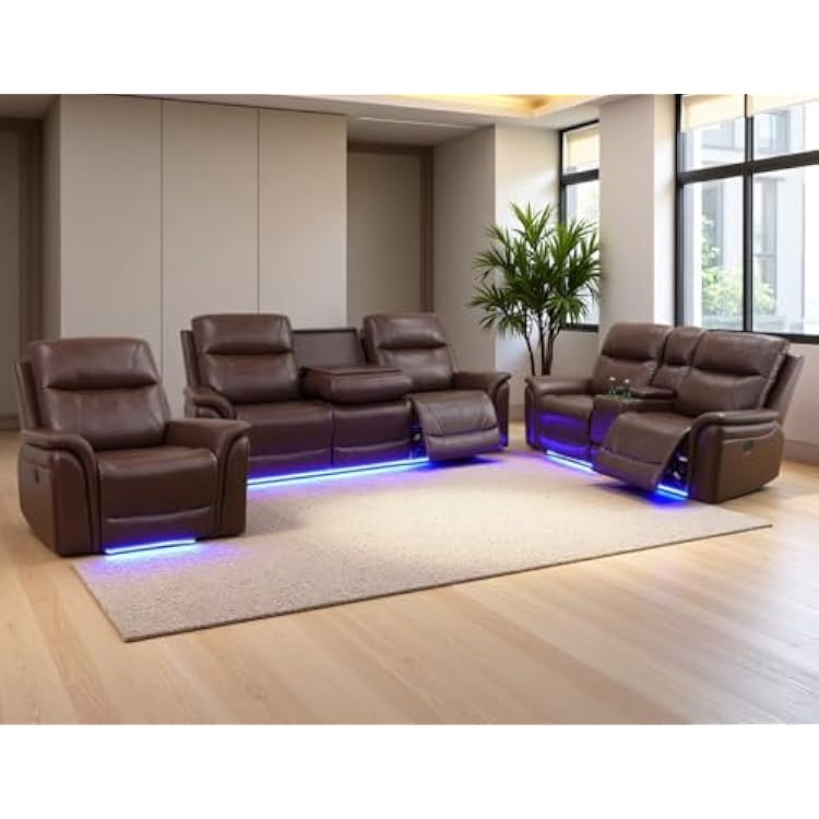 Power Recliner Living Room Set, Leather Reclining Sofa Set with Coffee Table, Living Room Furniture Sets, Brown Recliner Couch with Cup HoldersCharging Port for Home TheaterOffice, Brown