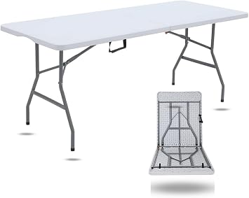 Fold Up Table 6 ft Plastic Folding Table for Picnics, Parties, Camping Outdoor Table with Carrying Handle Bi-Fold Rectangular Design Lightweight and Durable (5)