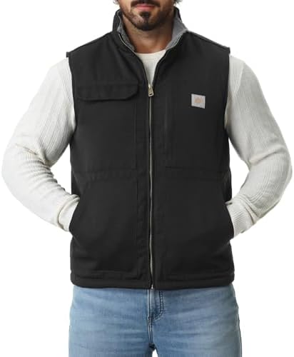 Mens Loose Fit Washed Duck Fleece-Lined Waterproof Workwear Mock-Neck Vest
