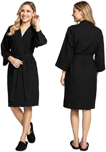 Lotus Linen Womens Lightweight Waffle Spa Robes Soft Cotton Knee Length Bathrobe, Personalized Bridesmaids Robe