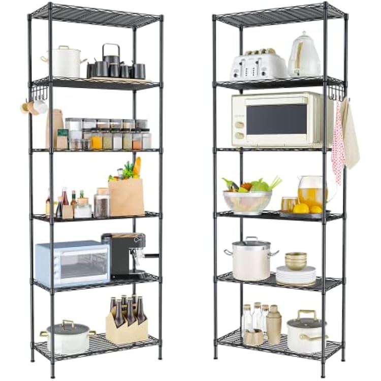 Homdox 2-Pack 6-Tier Storage Shelf Wire Shelving Unit Free Standing Rack Organization Adjustable Leveling Feet, Stainless Side Hooks, Black