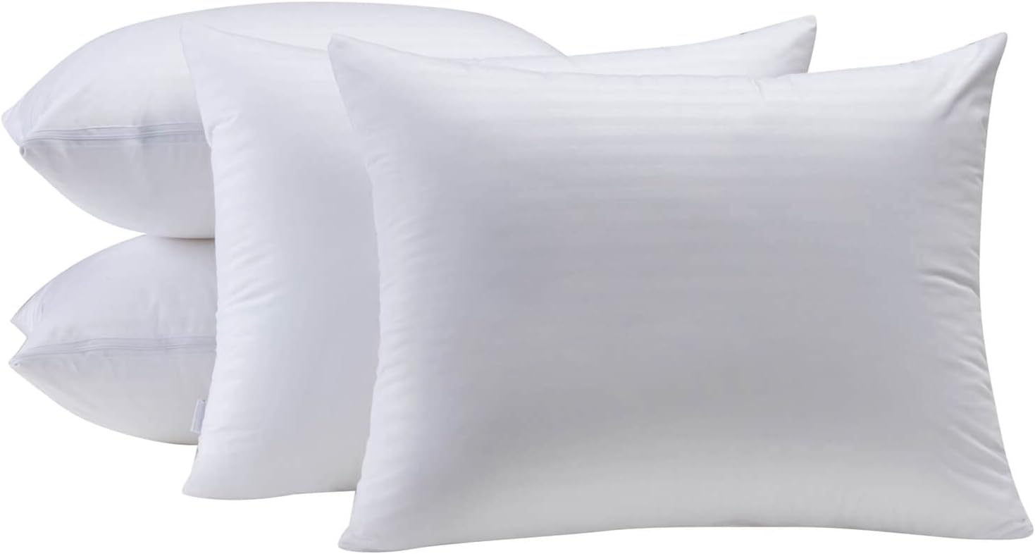 Kingnex 4 Pack Waterproof Feather Proof Pillow Protectors with Zipper on Long Side Standard Size Down Proof Striped Bed Pillow Cover