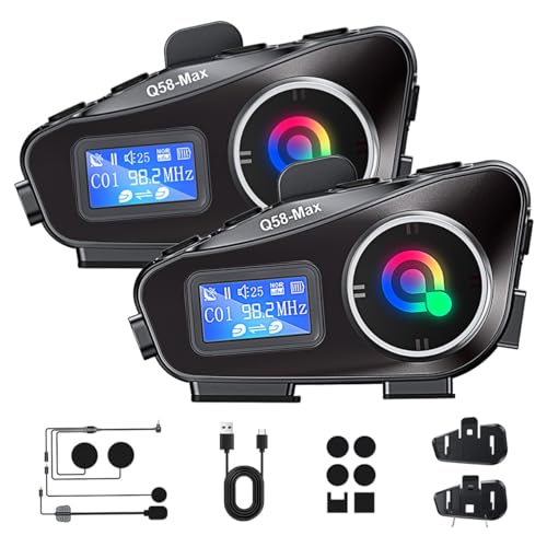 Bluetooth Motorcycle Helmet Intercom, 1500 feet Wireless Communication, Built-in Display, FM Radio, Noise Reduction, Music Sharing for 2 Riders, Waterproof, High Volume Sound Quality. 1000mAh, 2-Pack