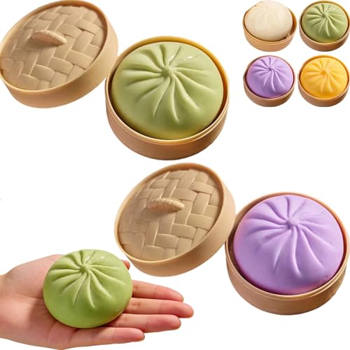 Giant Glitter Dumpling Squishy 4 Mystery Dumplings Stress Ball with Steamer Box Cute Soft Mini Rainbow Decompression Dough Slow Rebound Adults Anxiety Relief Fidget for Office PurpleGreen
