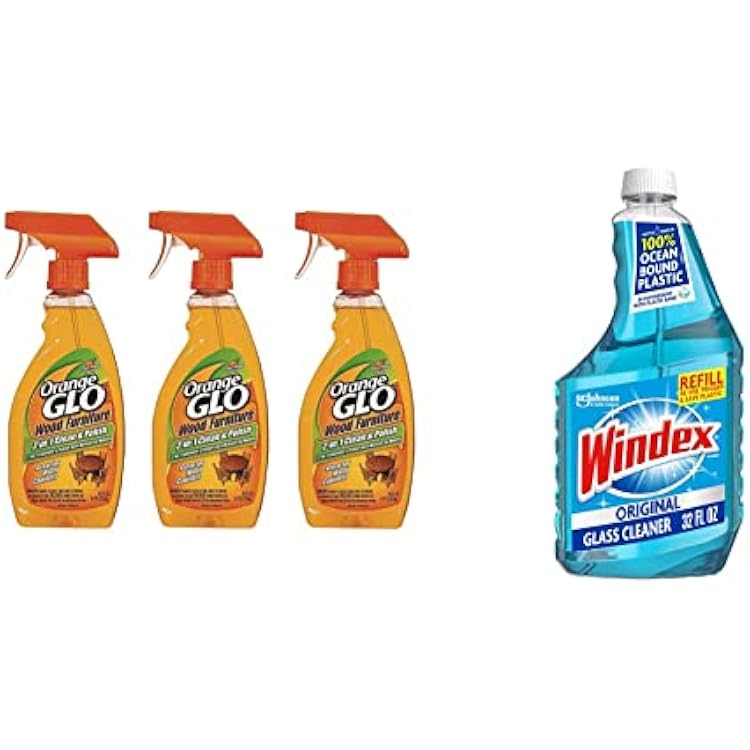 Orange Glo 640823841079 Pack of 3 Wood Furniture 2-in-1 Clean and Polish, 144 Fl Oz & Windex Glass and Window Cleaner Refill Bottle, Original Blue, 32 fl oz