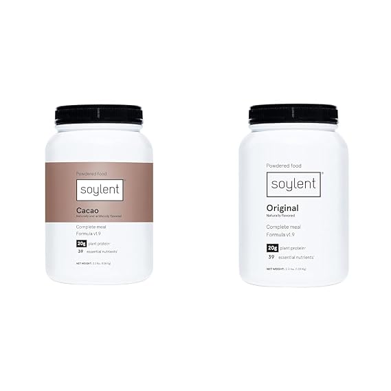 Bundle of Soylent Complete Nutrition Meal Replacement Protein Powder, Cacao & Original - Plant Based Vegan Protein, 39 Essential Nutrients - (2-36.8oz Tubs)