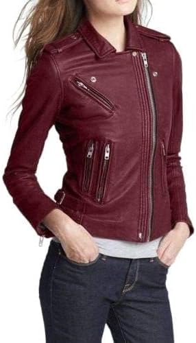 Womens Genuine Lambskin Leather Chocolate Brown Slim Fit Biker Motorcycle Jacket #LC100