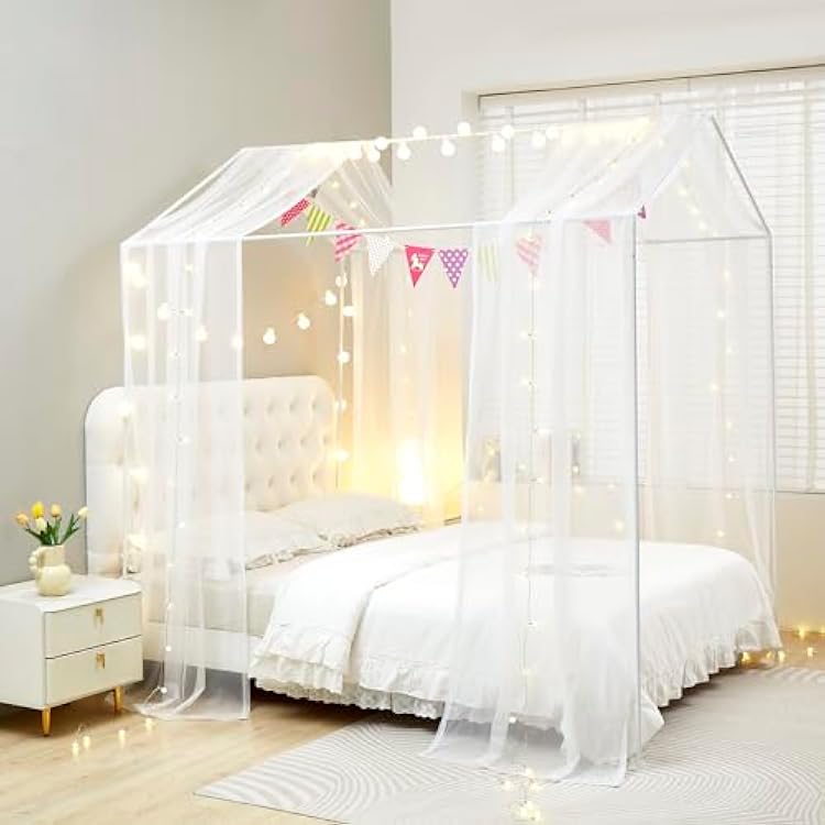 Mengersi House Bed Canopy Bed Curtains with Lights,Montessori Floor Bed Canopy for Girls Boys,Four Poster Bed Curtains House Bed Decoration FullQueen, White