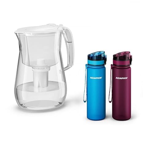 AQUAPHOR Water Filter Pitcher Opal White 12 Cup with B15 Filter + 2 x City Filter Water Bottle with Purifying Filter (Blue and Ruby Red), BPA-Free - Hydration Bundle
