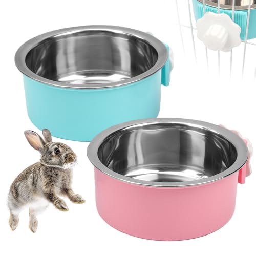 2 Pack Pet Food Water Bowl Plastic Basin and Stainless Steel Basin Combo Mountable Food Basin Dish for Rabbit Chinchilla Hamster Bird and Other Pet Pink and Blue