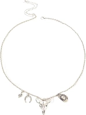 Cowboy Cowgirl Boot Hat Necklace Boho Charm 3D Bull Head Horseshoe Cactus Texas Boots Silver Pendant Chain Necklace for Men Women Western Style Country Horse Lovers Fashion Jewelry Gifts