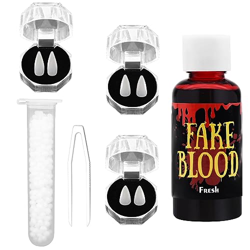 Pedenty 3 Sizes 3 Pairs Vampire Teeth Fake Fangs with Blood and Adhesive Tooth Beads for Women Men Halloween Costume Props Party Favors Accessories White Horror 15mm, 17mm 19mm
