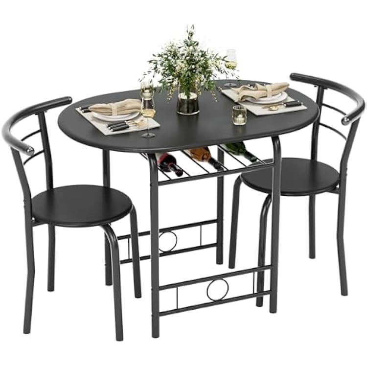 Flamaker Dining Table for 2, 3 Piece Round Table & Chair Set, Small Kitchen Table for Breakfast Nook, Wood Grain Tabletop and Built-in Storage Rack, Space Saving for Kitchen, Dining Room Black