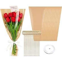 HJORZMM 50 PCS Flower Bouquet Wrapping Bags Paper with 50 PCS Floral Card Holder Picks and Ribbons, Flower Wrapping Brown Paper Sleeves for Flower Bar, Mother's Day, Graduation, Valentine, Birthday