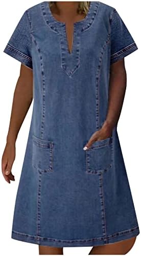 Loose Denim Dress Women Summer Short Sleeve V-Neck Relaxed Fit Stylish Distressed Knee-Length Wrap Dress Blue