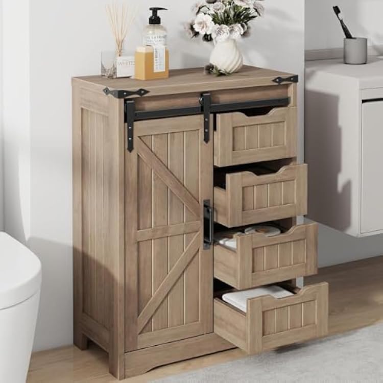 Bathroom Farmhouse Storage Cabinet, Floor Cabinet with 4 Drawers, Bathroom Cabinet with Sliding Door, Rustic Storage Organizer for Kitchen, Living Room, Rustic Style, Grey