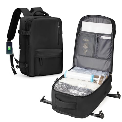 Travel Backpack with Vacuum Bag Carry on Backpack with Detachable Compression Bag Seal Compression Air Backpack with Travel Hand Pump Personal Item Suitcase Flight Approved Laptop Backapck Black