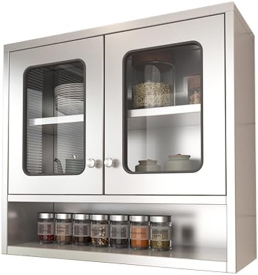 Kitchen Wall Cabinet, Stainless Steel Double Door Storage Shelf with Adjustable Shelves, Wall-Mounted Cabinet for Living Room Kitchen Bathroom(Silver-B,80x30x70cm)