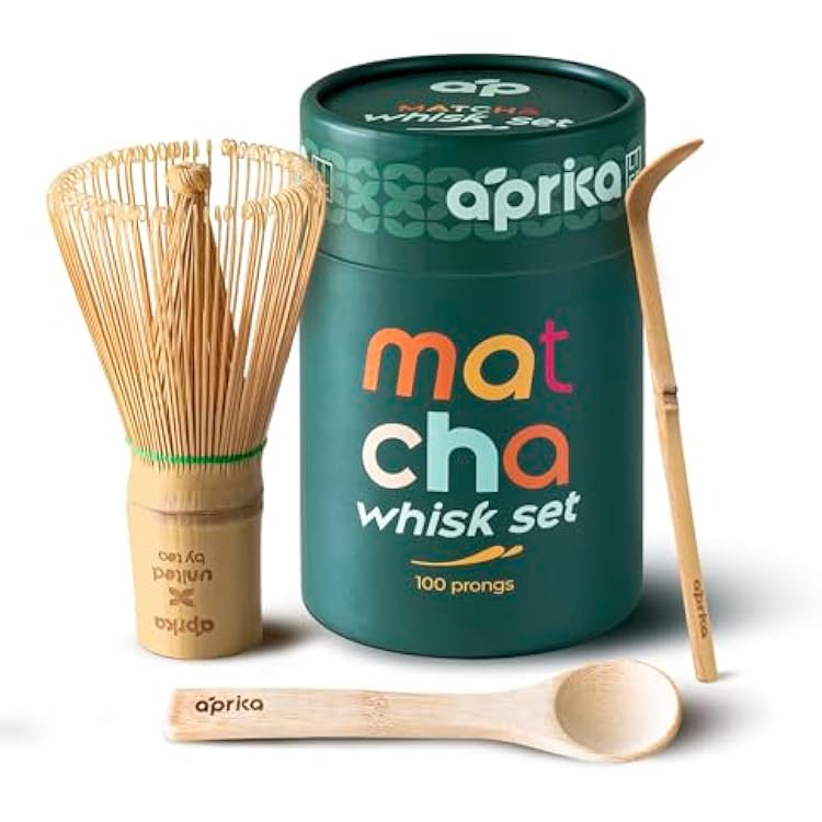 Matcha Bamboo Whisk Set, Traditional Handmade Starter Kit Included Whisk Chasen with 100 Prongs, Scoop Chashaku, Wooden Spoon Premium Gift Box by Aprika Life