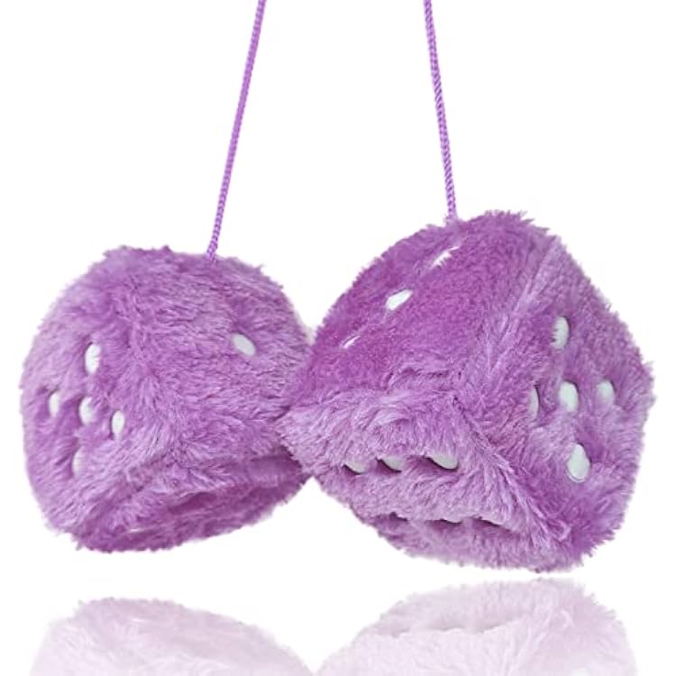 Pair 3 Purple with White Dots Mirror Fuzzy Plush Dice, Purple and White Soft Plush Car Decorative Hanging Ornament